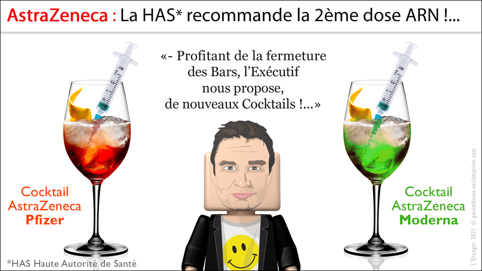 - AstraZeneca : La HAS* recommande la 2ème dose ARN !... Profitant de la fermeture des Bars, l’Executif nous propose, de nouveaux Cocktails !..